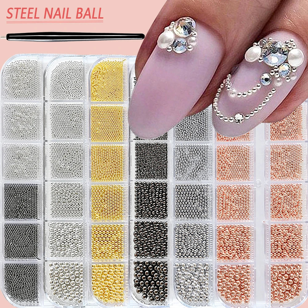 A hand holds a nail ball and an acrylic case filled with various gold mixed stainless steel bead nail art decorations.