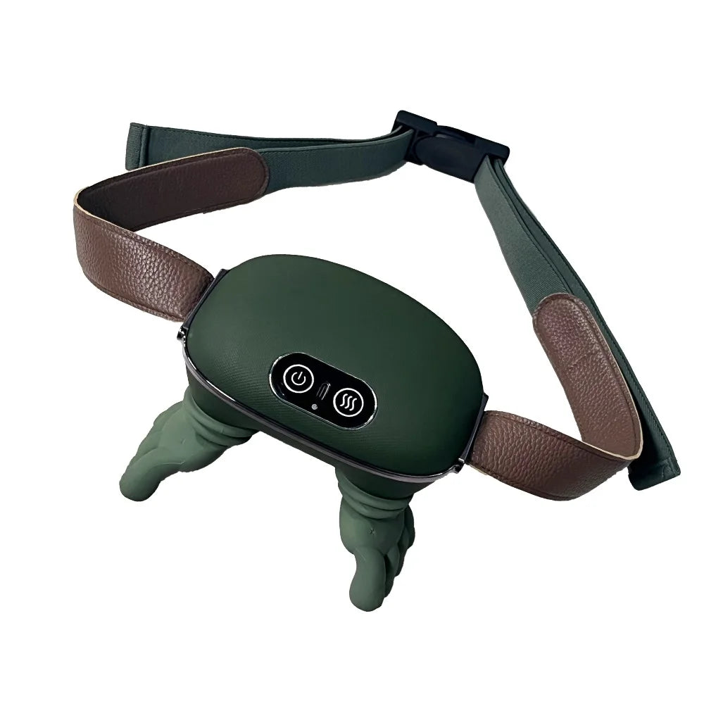 A professional wireless neck and shoulder massager with dark green body and brown straps.
