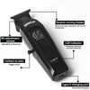 A black electric hair trimmer with ceramic moving blades and a LED indicator showing charging status.