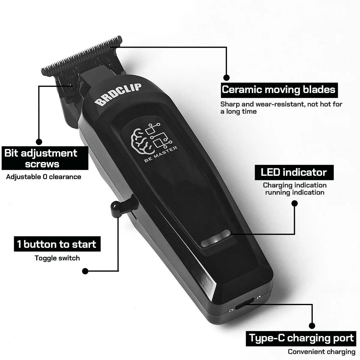 A black electric hair trimmer with ceramic moving blades and a LED indicator showing charging status.