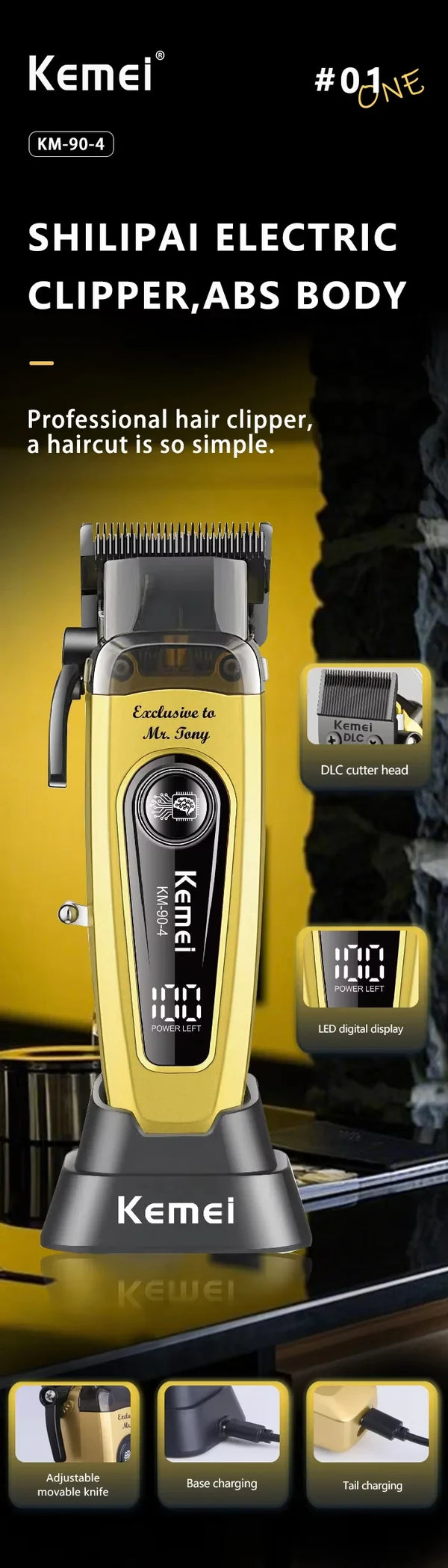 A yellow Kemei electric hair clipper with a black body and gold accents, shown next to charging accessories.