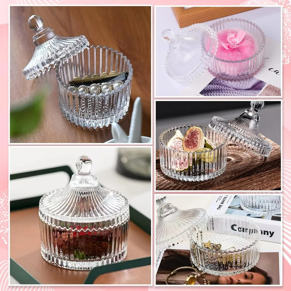 A collection of luxury velvet powder puffs stored in clear glass jars and containers.