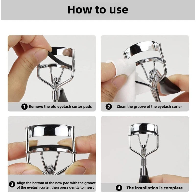 Step-by-step guide showing how to use a reusable silicone eyelash curler with pads
