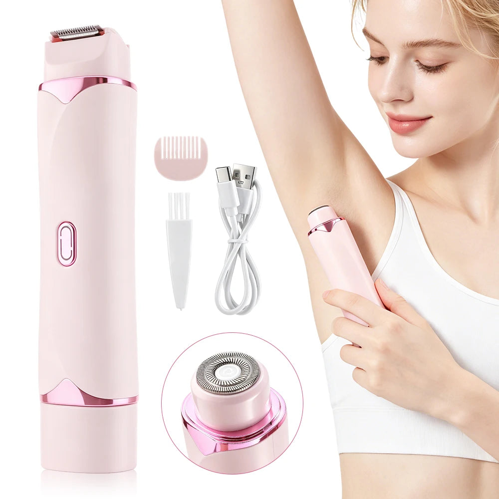 A pink electric body hair shaver shown next to its components and being used on a woman's arm.