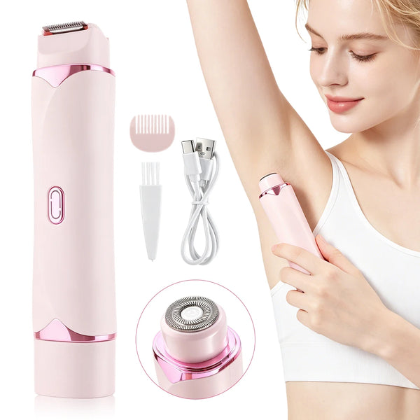 A pink electric body hair shaver shown next to its components and being used on a woman's arm.