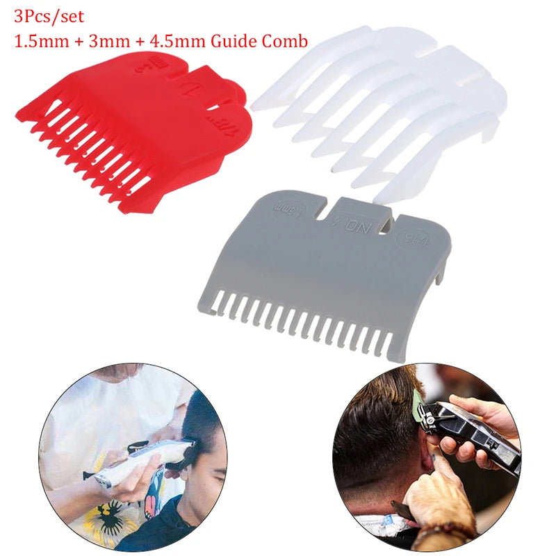 Set aus drei Haarschneider-Guide-Kamm, Größen 1,5mm, 3mm und 4,5mm, mit Anwendungsbeispielen.