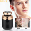 A black portable electric shaver with a metallic top is shown next to a man's face demonstrating before and after results.