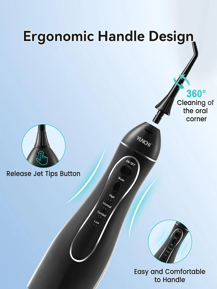 A black portable oral irrigator with an ergonomic handle design showing features like a release jet button and easy handling.