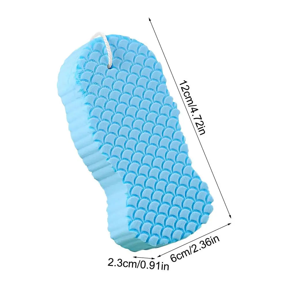 Light blue exfoliating bath sponge with a honeycomb texture and dimensions 12cm x 7.2in