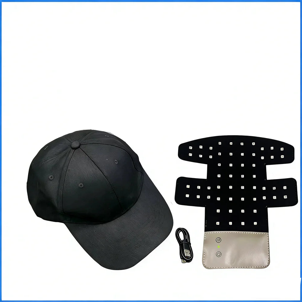 Black scalp massager cap with a padded strap and a beige fabric insert