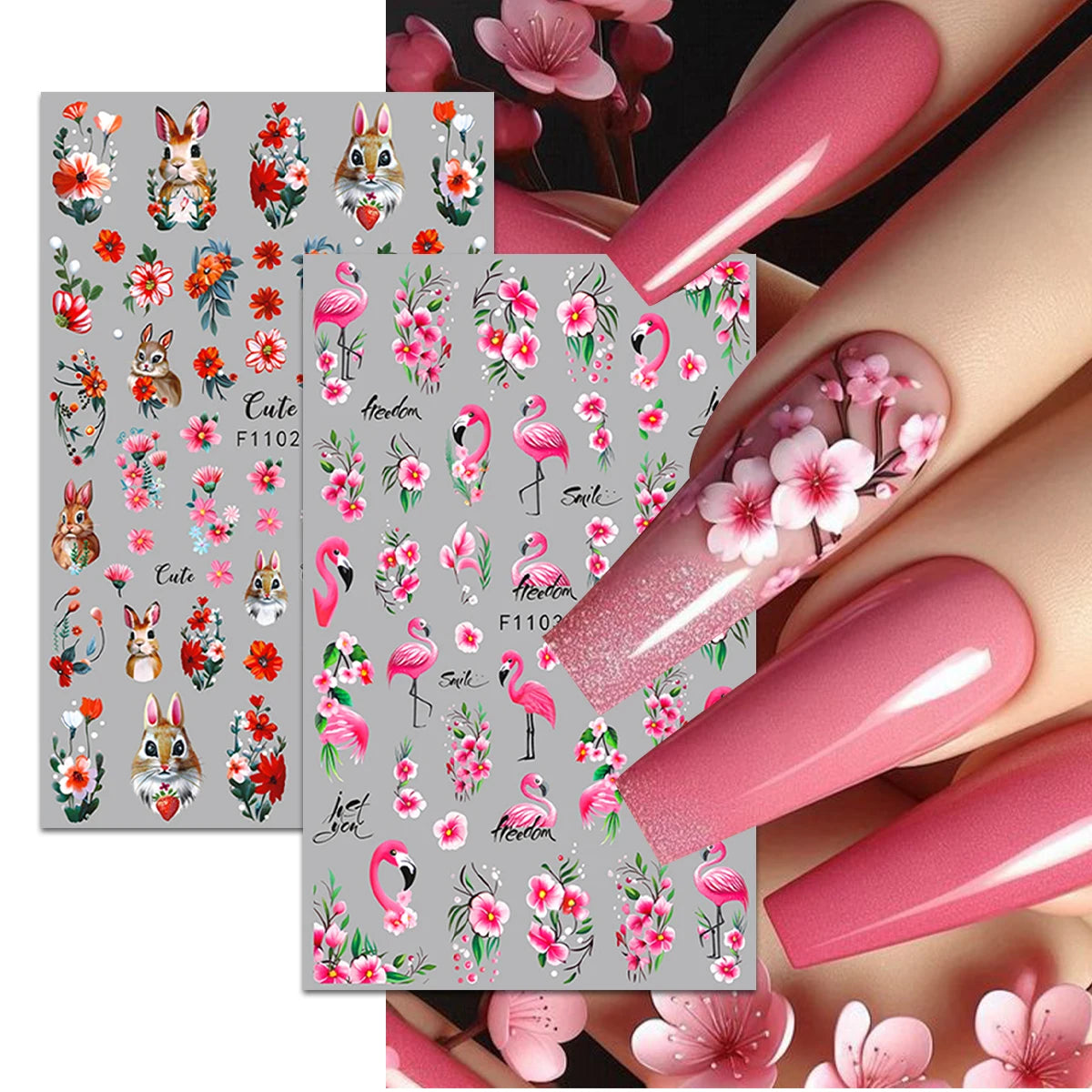 A set of pink and green flower butterfly nail stickers for DIY decoration shown on a hand.