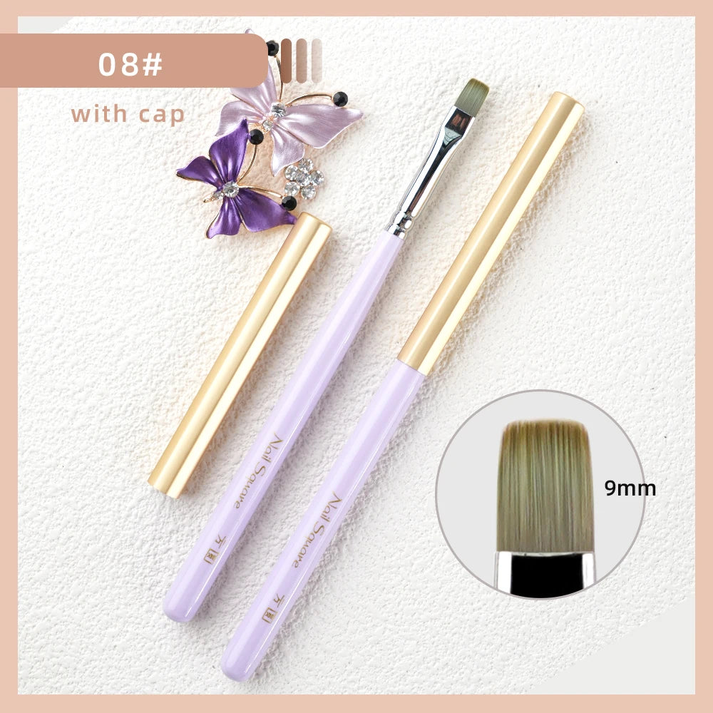 A set of professional nail art brushes with purple and gold handles and a cap, shown next to a brush size reference.