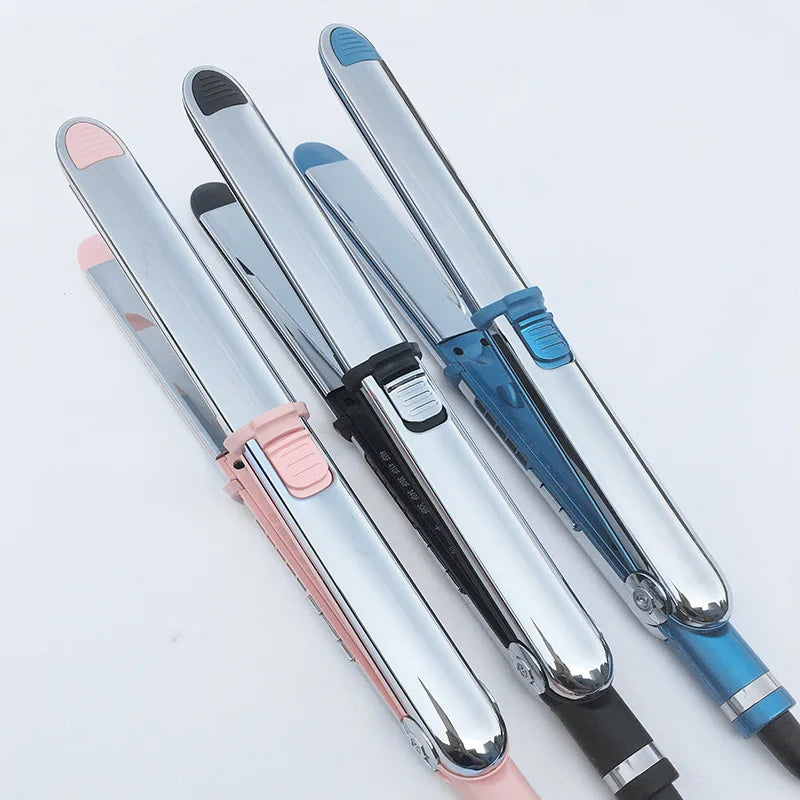 A set of four silver and blue dual purpose hair styling irons are displayed on a white background.