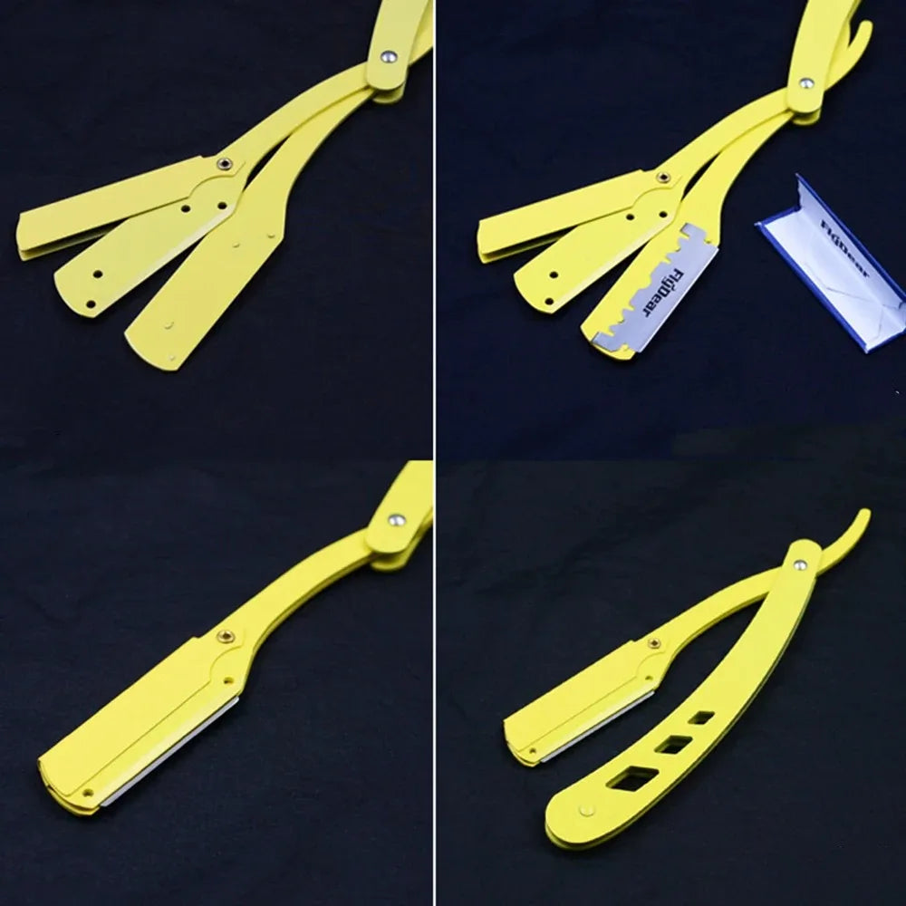 Lame de rasoir pliante antique jaune pour l'épilation, montrée sous plusieurs angles