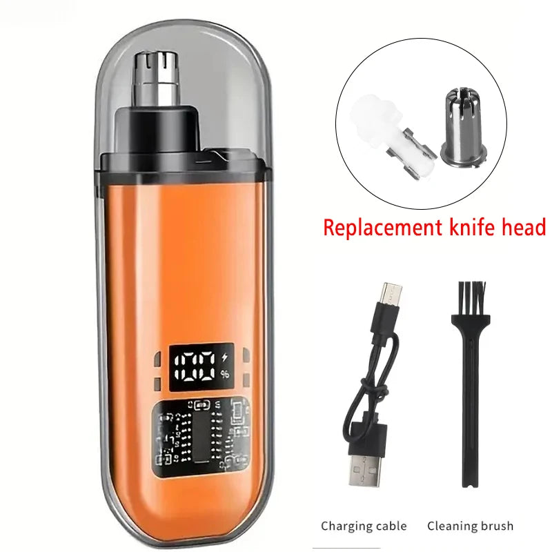 Orange rechargeable nose hair trimmer with replacement knife head and cleaning brush components