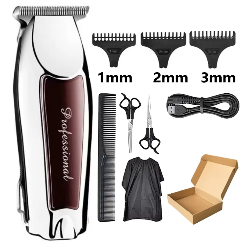 A professional rechargeable beard and hair trimmer with various guard attachments and accessories.