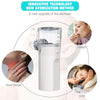 A portable USB rechargeable cool mist inhaler device shown in use for soothing a sore throat.