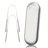 A set of stainless steel tongue scrapers for oral hygiene, shown as a long, thin tool and a rectangular holder.