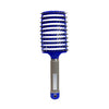 A blue nylon bristle detangling comb with a silver-colored metal handle.