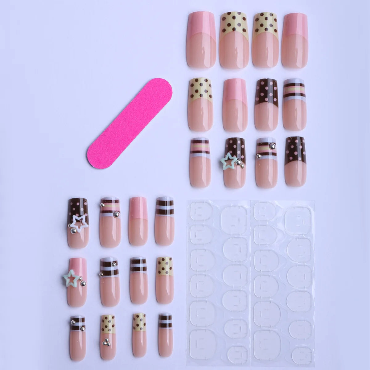 A set of press-on nails featuring a blue and brown French wave design with star accents displayed on a white background.