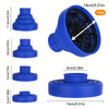 Blue silicone diffuser cover for hair dryers shown in various sizes and angles.