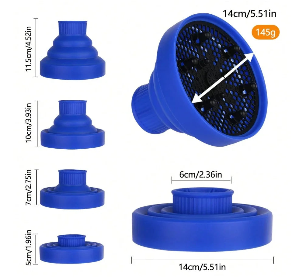 Blue silicone diffuser cover for hair dryers shown in various sizes and angles.