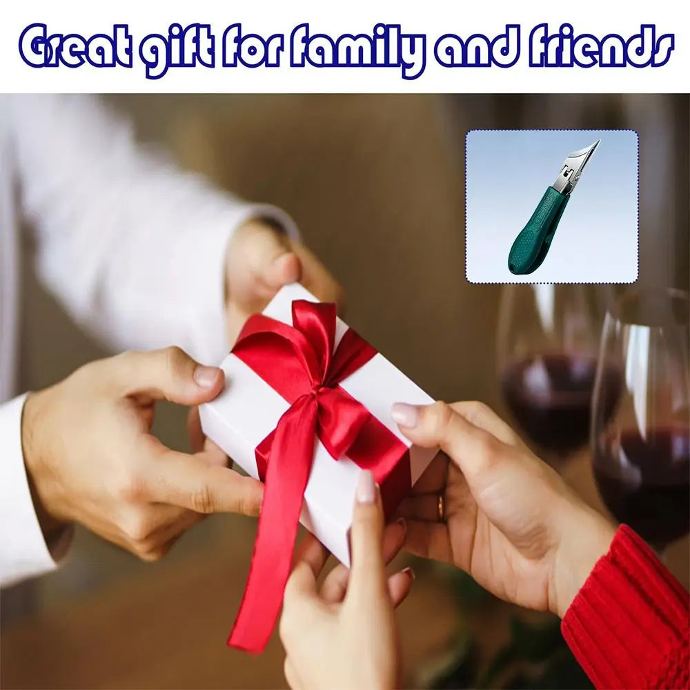 Hands present a red gift box with a satin ribbon, featuring a stainless steel slant edge nail clipper.
