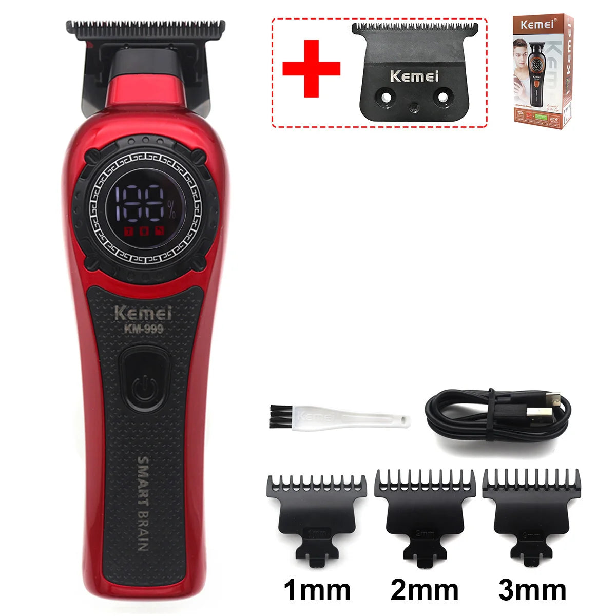 Rotes Kemei KM-999 Smart Brain Elektrik-Haartrimmer mit 1mm, 2mm und 3mm Aufsätzen und Ladekabel