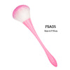 A pink rose gold nail dusting and makeup removal brush with a fluffy head and tapered handle.