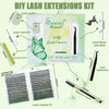 A kit for DIY lash extensions featuring lash curlers, removers, clusters, and applicators.