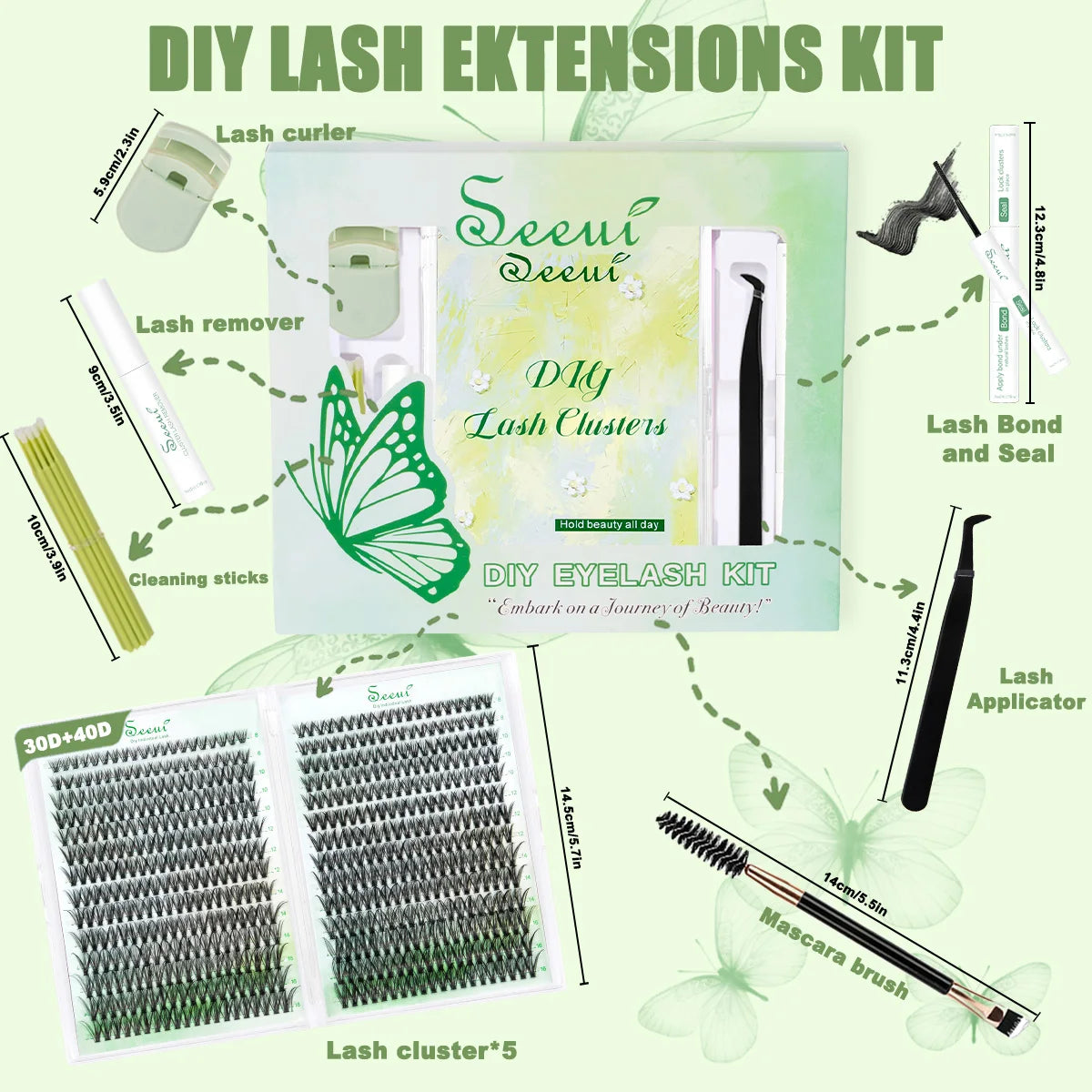 A kit for DIY lash extensions featuring lash curlers, removers, clusters, and applicators.