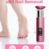 A pink electric foot file and nail removal device is shown next to a bare foot, highlighting its features like gear speed, il