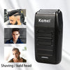 A black Kemei electric shaver shown with close-ups of its use on a bald head and a man's face.