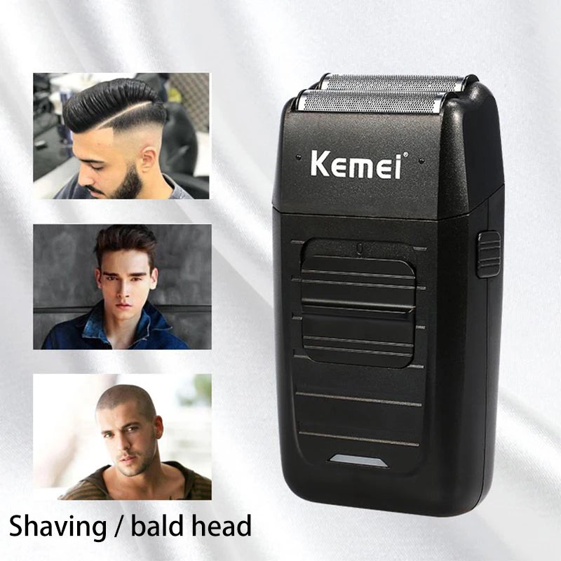 A black Kemei electric shaver shown with close-ups of its use on a bald head and a man's face.