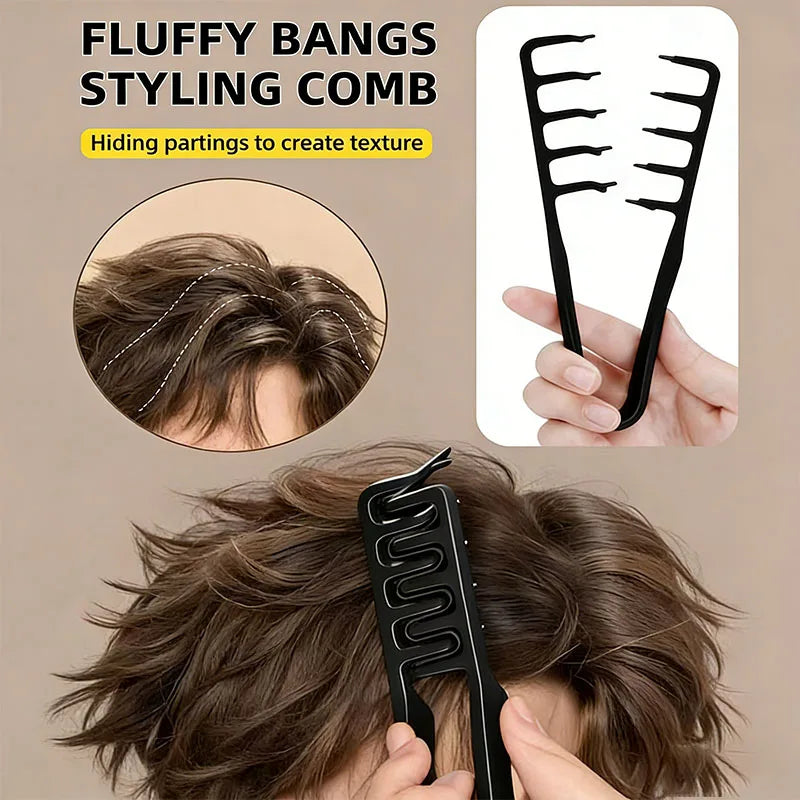 A black hair styling comb used to hide parts and create texture in brown hair.