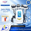 A white massage device with four attachments is shown next to a glass bottle and various tools for beauty treatments.