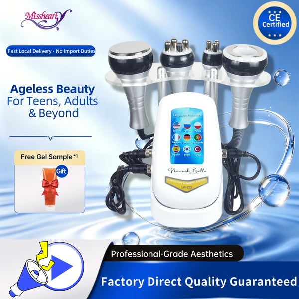 A white massage device with four attachments is shown next to a glass bottle and various tools for beauty treatments.