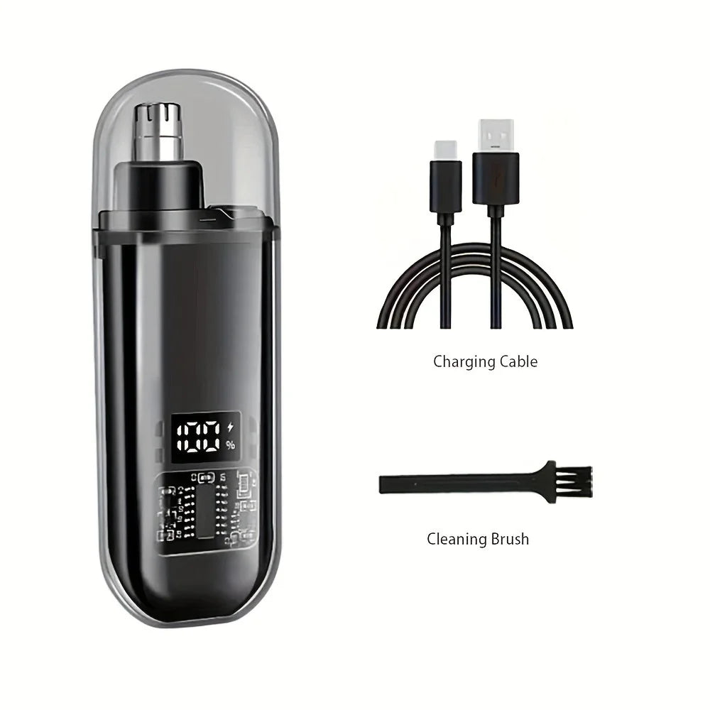 A black electric nose and ear hair trimmer with a charging cable and a cleaning brush.