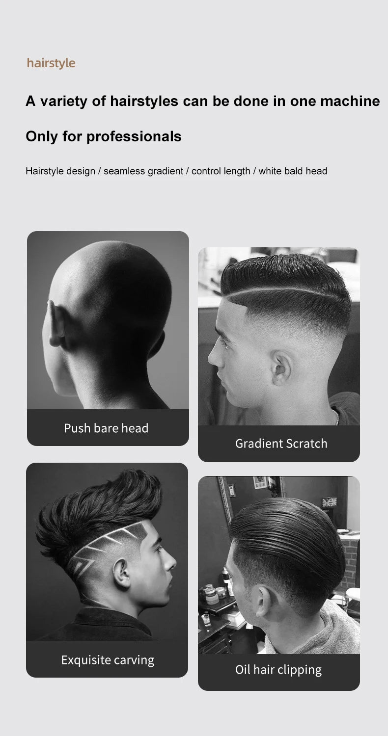 A variety of hairstyles including push bare head, gradient scratch, exquisite carving, and oil hair clipping demonstrated on 