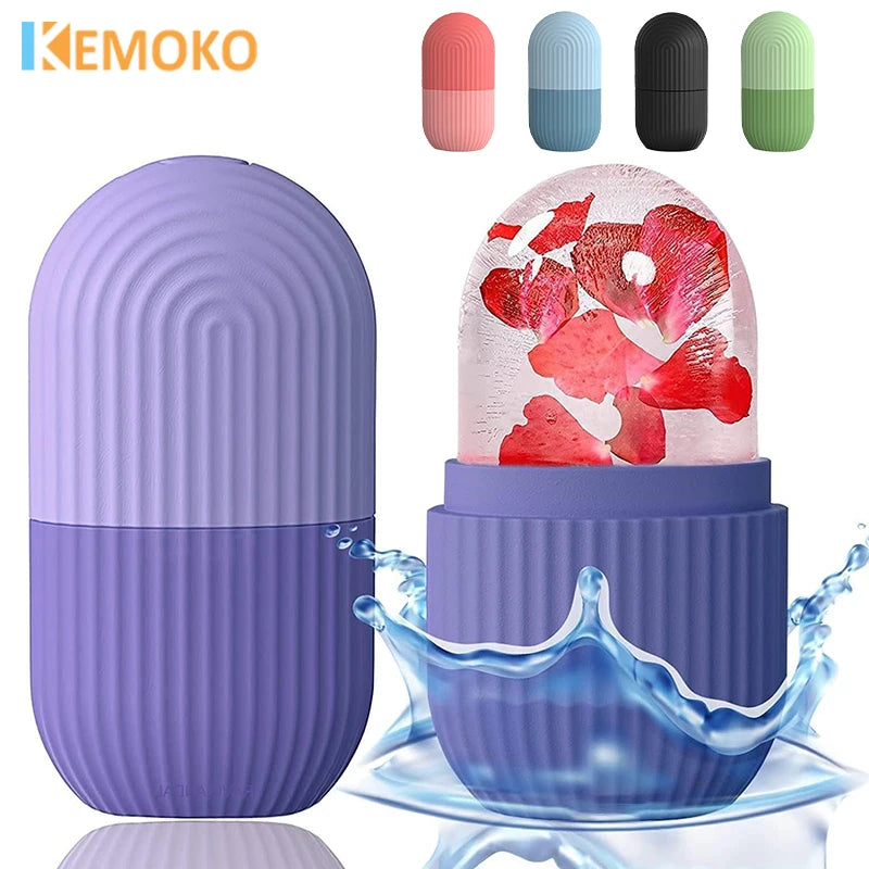 Rouleau à glace en silicone violet pour le contouring du visage et le massage des yeux, avec différentes couleurs.