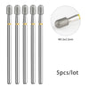 A set of five silver diamond nail drill bits with gold accents shown in various angles.