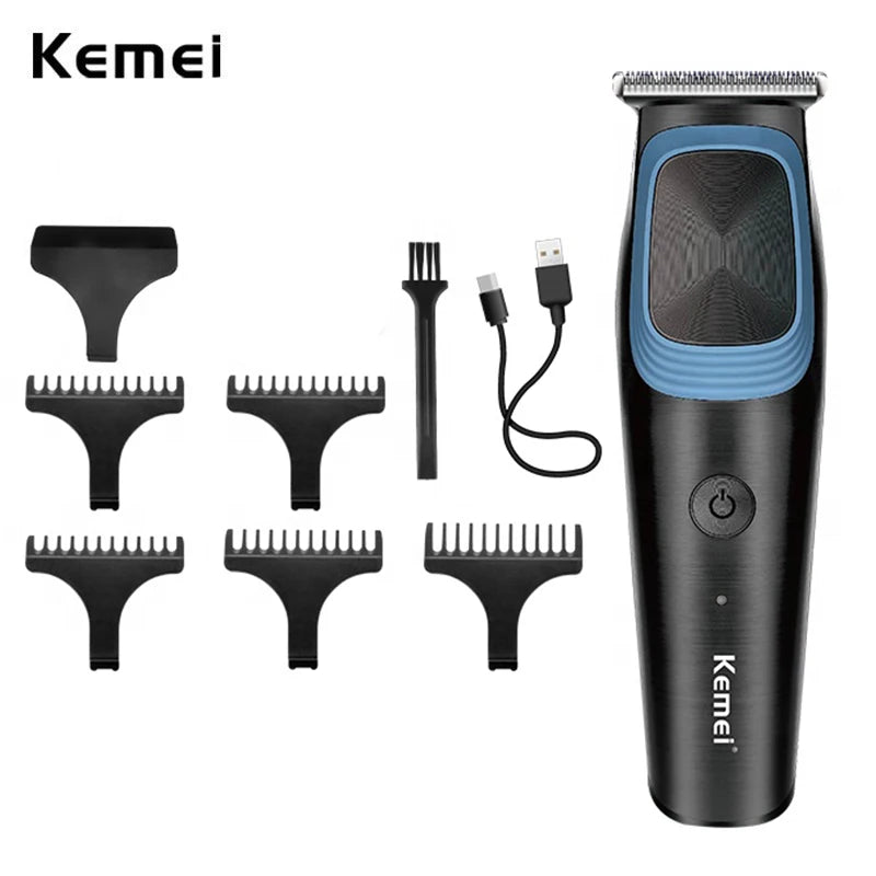 A black professional rechargeable electric hair clipper with a blue grip and various attachments.