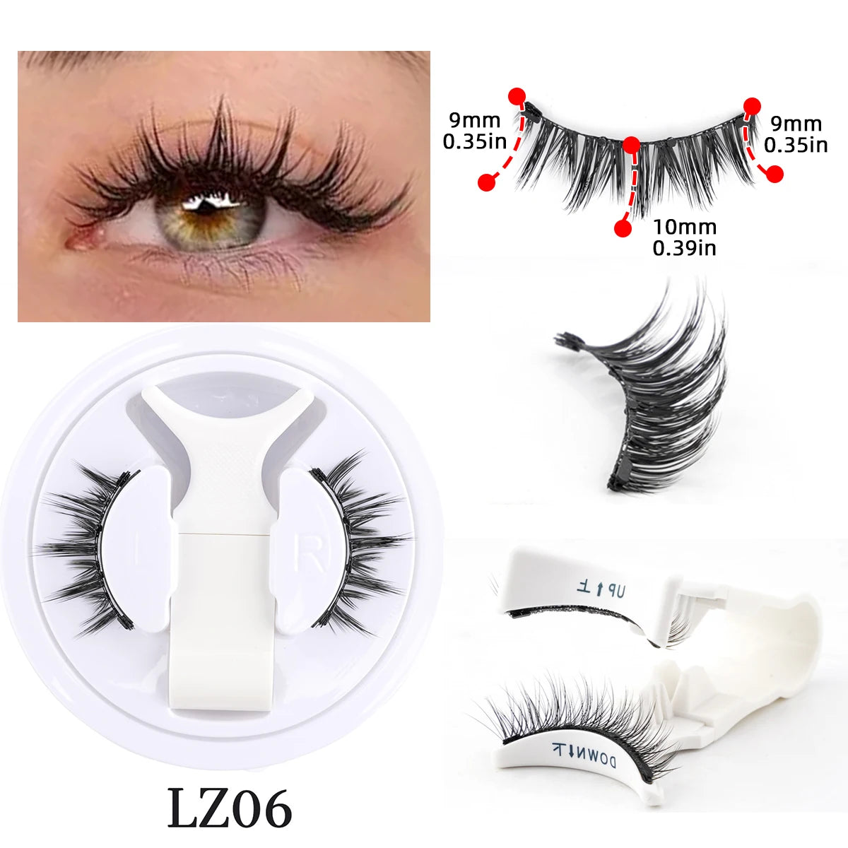 Un ensemble de faux cils magnétiques réutilisables avec pinces et une boîte de rangement blanche.