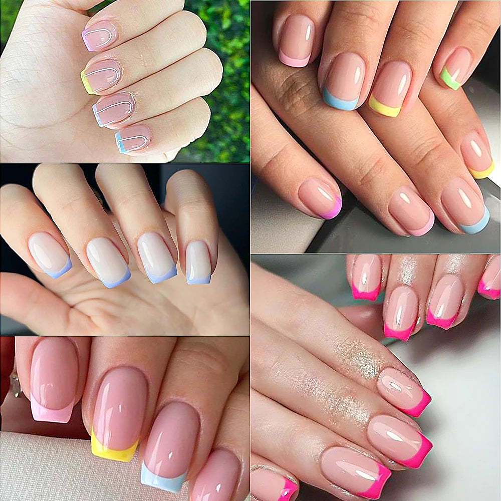 A set of press-on nails featuring pink, green, and purple colors on a hand.