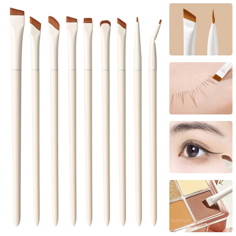 A set of precision angled eyeliner and eyebrow makeup brushes shown with individual brushes and a palette.