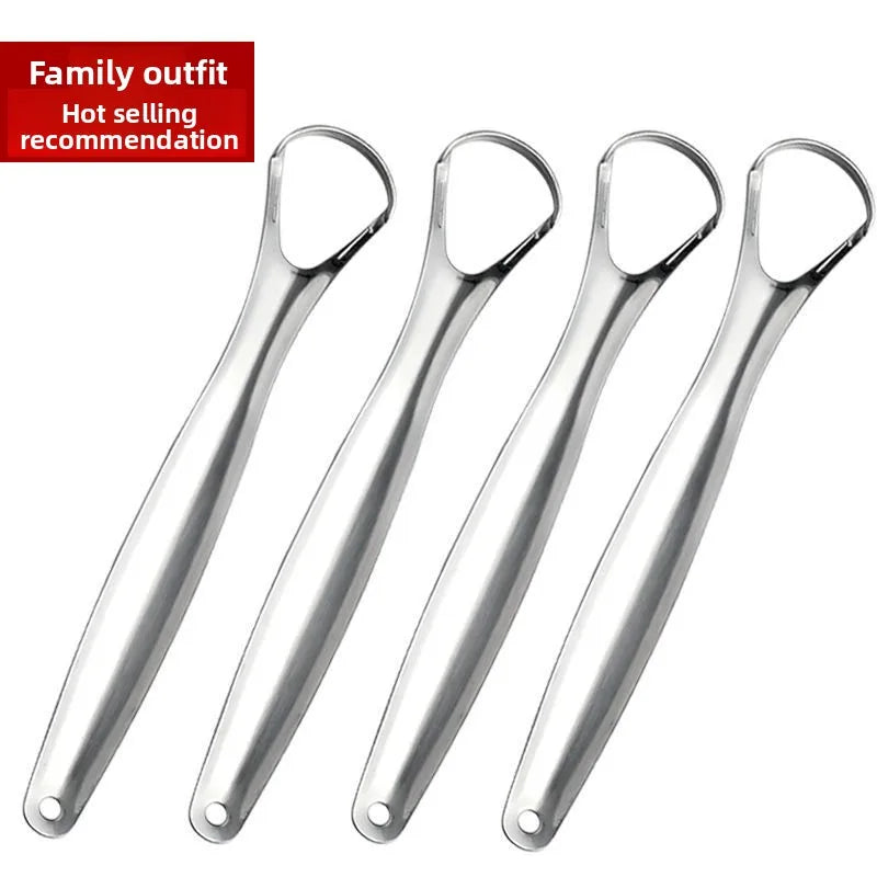 A set of five stainless steel tongue scrapers for oral hygiene and fresh breath.