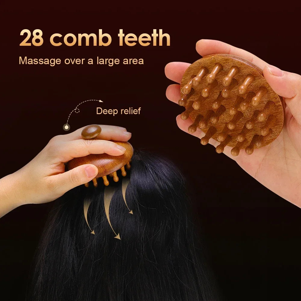 A hand is massaging a large, round wooden comb with 28 teeth onto a person's hair for deep relief.