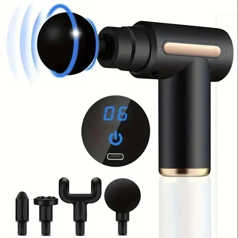 A black professional muscle massage gun with various attachments shown against a white background.