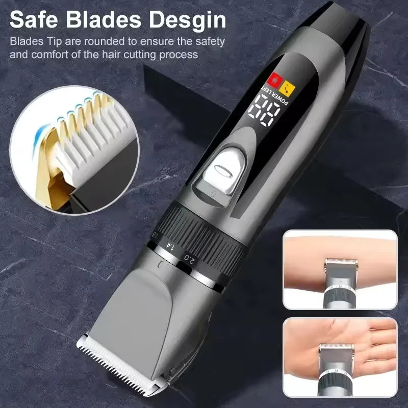 A close-up view of a professional electric hair clipper with rounded blades and various attachments.