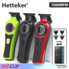 Three Hetteker professional hair clippers in lime green, black, and red are displayed.